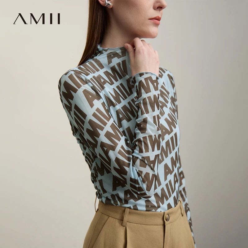 

AMII Woman Clothes Logo Print 2026 Spring Autumn Fashion Casual Design Sense T-shirt Slim Tops Women's Long Sleeve Tees 12621075