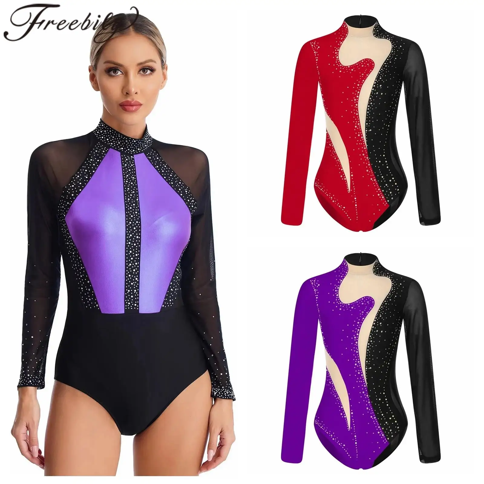 Body da ginnastica ritmica da donna Body da danza classica Maglia trasparente Manica lunga Atletica Yoga Acrobazie Tuta da pattinaggio di figura