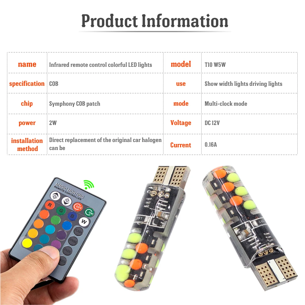 Car T10 RGB LED Bulb Width Light With Remote Control, 2 Multi-Mode Automatic rReplacement Strobe Lights, COB Reading Trunk Light