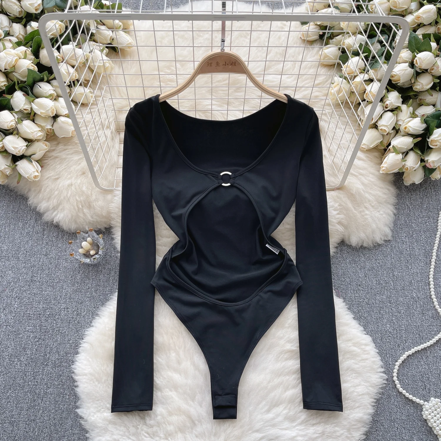 

Sexy Hollow Out Front Women's Bodysuits 2023 New Spring Summer Black O Neck Long Sleeve Slim Fit Jumpsuits One Piece Body Tops