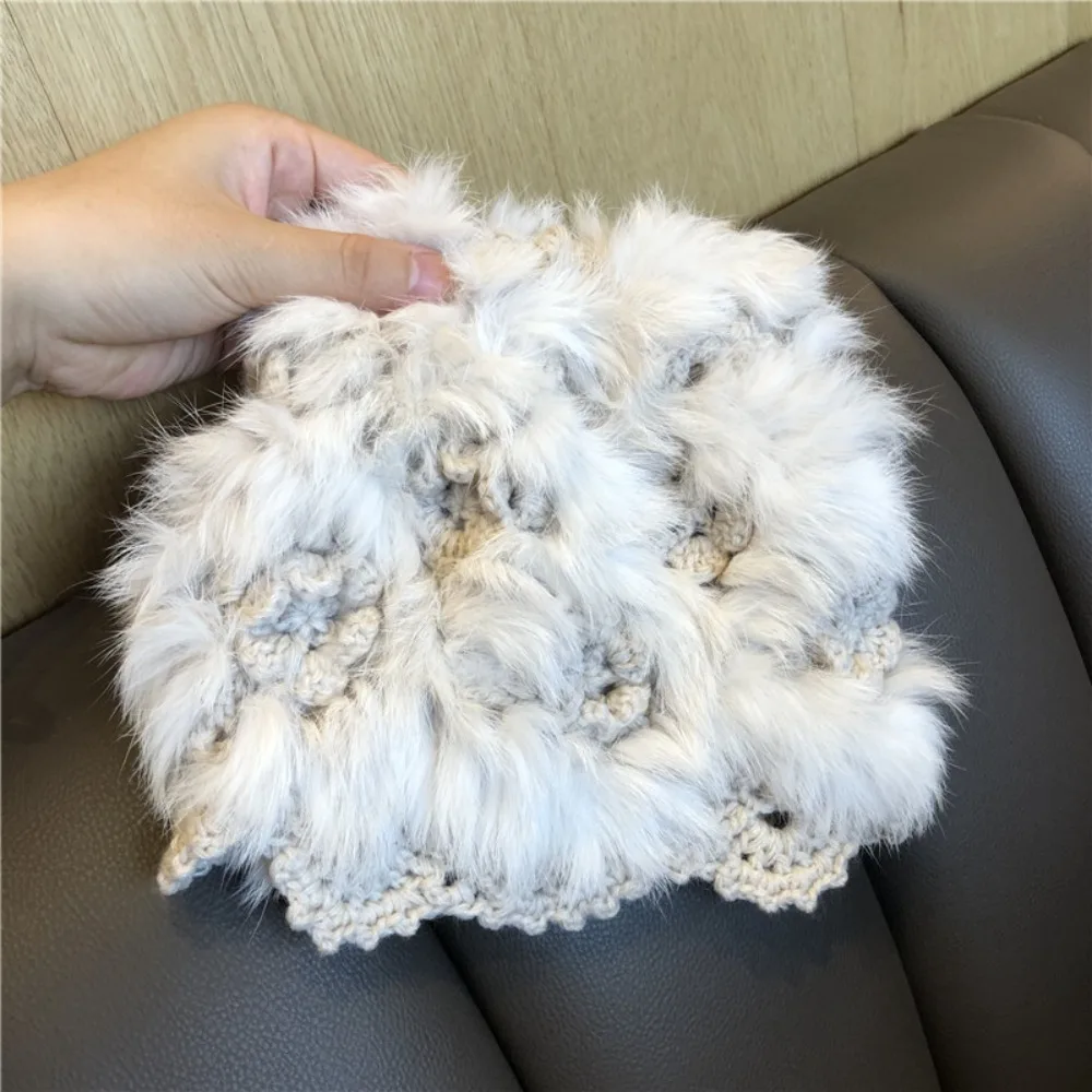 Fashionable Multicolor Crochet Rabbit Fur Hat Handmade White Plush Toe Cap Windproof Warm Knitted Hat Outdoor