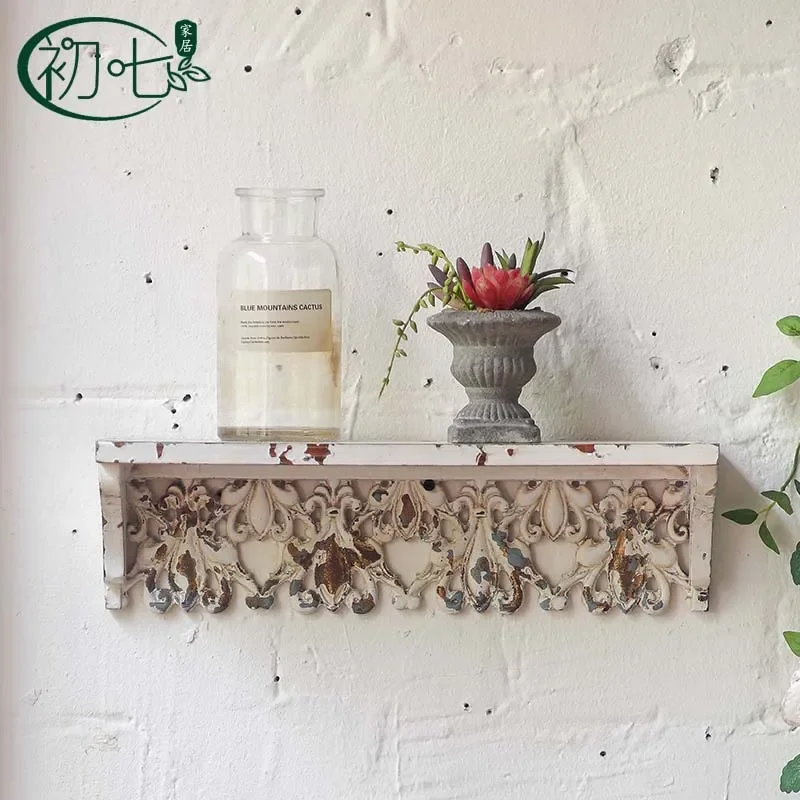 Antique Carved Wall Rack for Living Room and Cafe Decor Small Flower Pot Shelf Vintage Wall Mounted Plant Holder Display