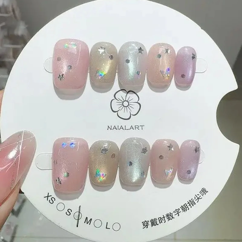 10 Stück bunte kurze quadratische falsche Nagelspitzen, Regenbogen-Katzenauge mit Stern-Diamanten, handgefertigt, glänzend, zum Aufdrücken des Nagels, vollständige Abdeckung, tragbar