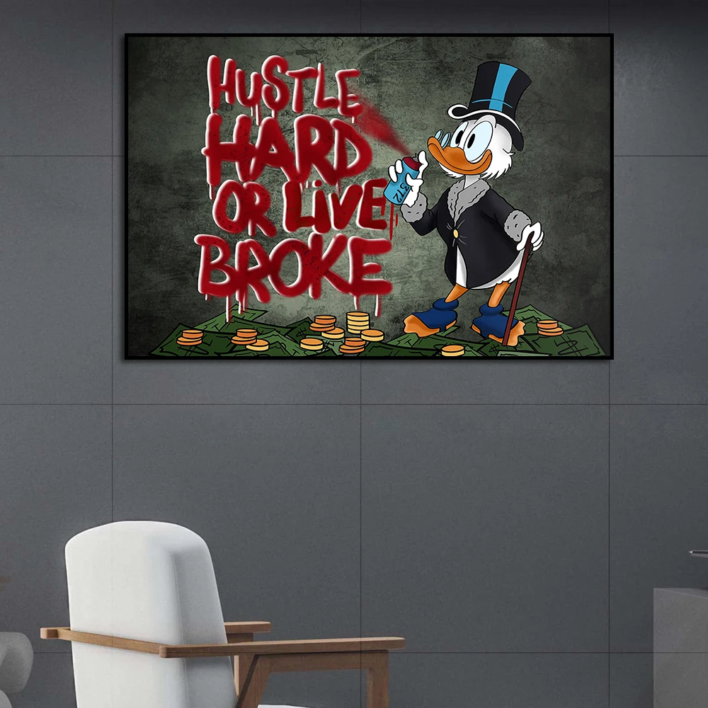 Hustle Hard Motivational Poster Cartoon Wall Art Canvas Painting Print Disney Scrooge McDuck Picture Office Home Decor Cuadros