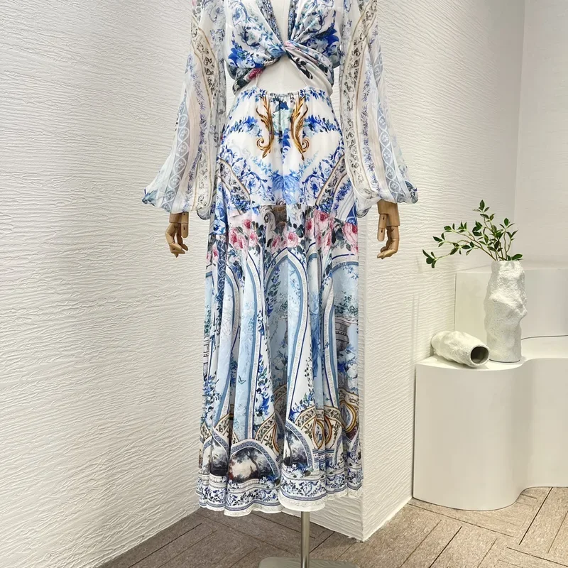 Elegante 2024 New Blue pure silk cut out white floral print lantern sleeve diamonds lace-up women midi dress size corre più grande