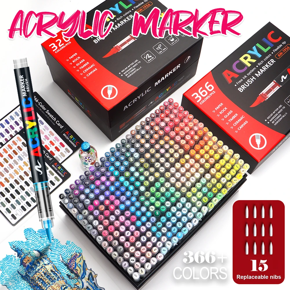 

320-366 Color Acrylic Paint Pens with Brush Tips Are Suitable for Rock Painting, Wood, Canvas, and Stone, and Are Ideal for Christmas Gifts and DIY Crafts
