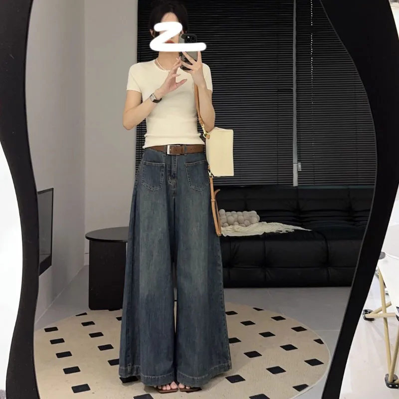 

Hong Kong Wind Vintage Wide-leg Jeans Women's Spring Autumn 2024 New Joker High Waist Oversize 5XL Loose Denim Drape Mop Pants