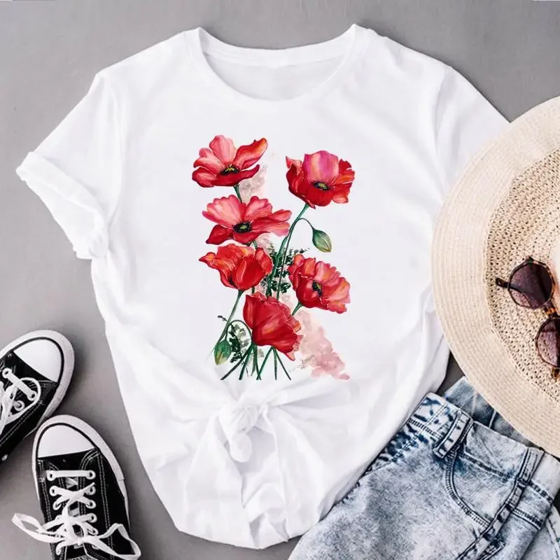 

Футболка женская с цветочным принтом, милая Модная рубашка с коротким рукавом, футболка с графическим принтом, в стиле 90-х, на лето
