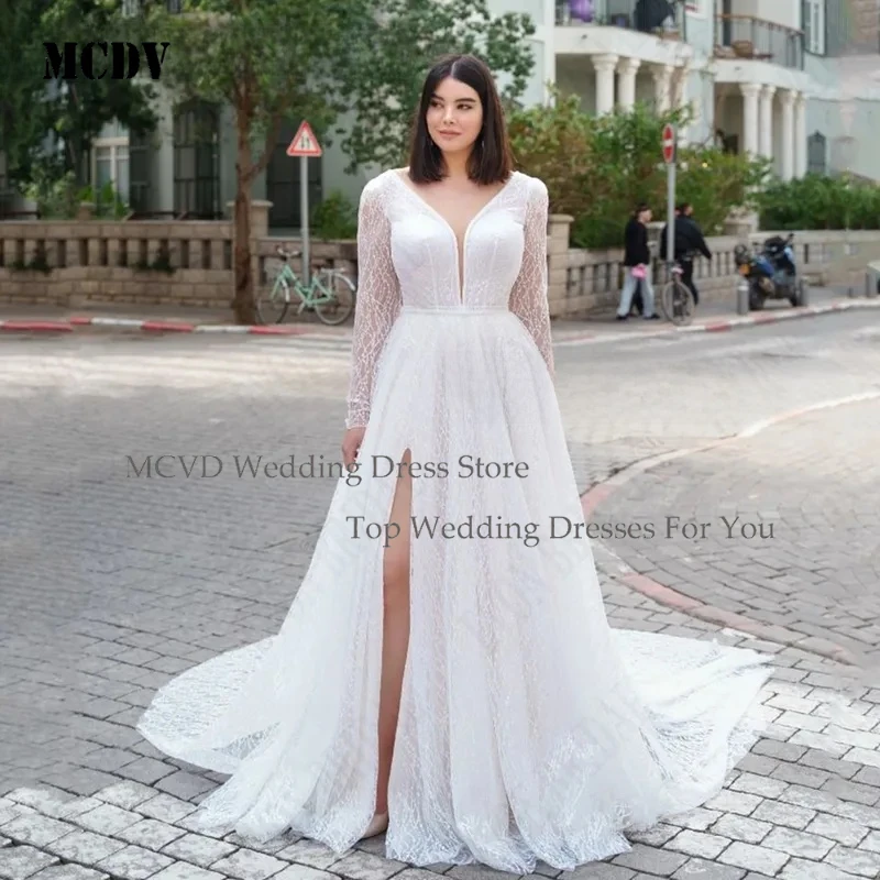 

MCDV ace V Neck Plus Size Bride Dresses Full Sleeve Side Split Wedding Dress Customized A Line Long Bridal Party Gow