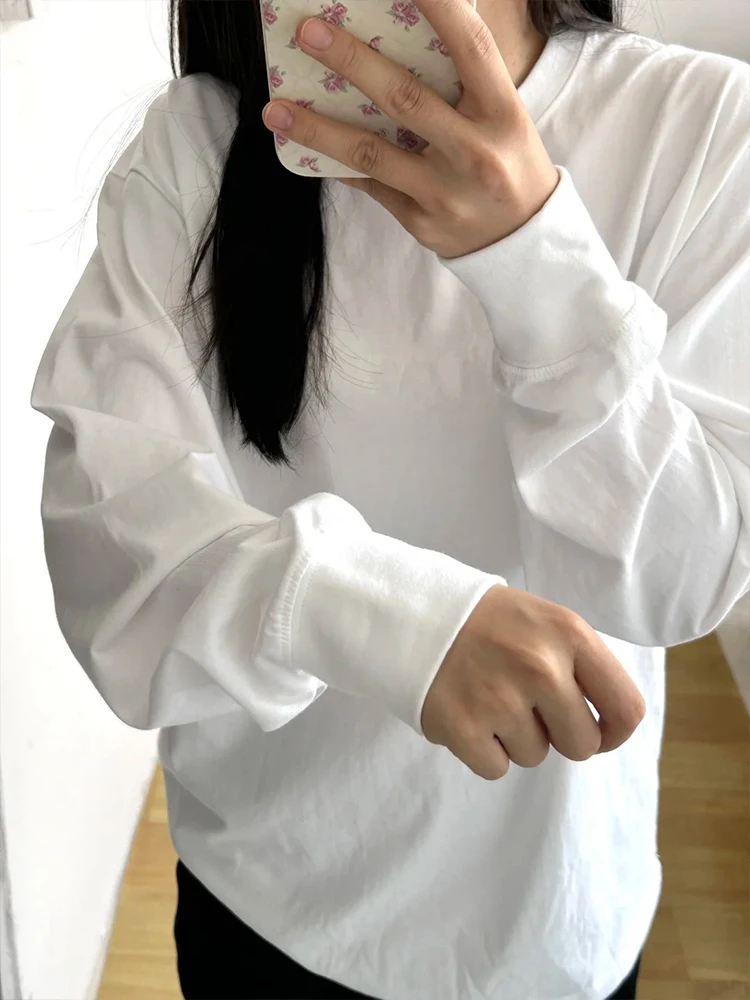 

Pure Cotton Round Neck Long-sleeved T-shirt Women's Spring, Autumn and Winter White Stacked Top Solid Color Loose Inside