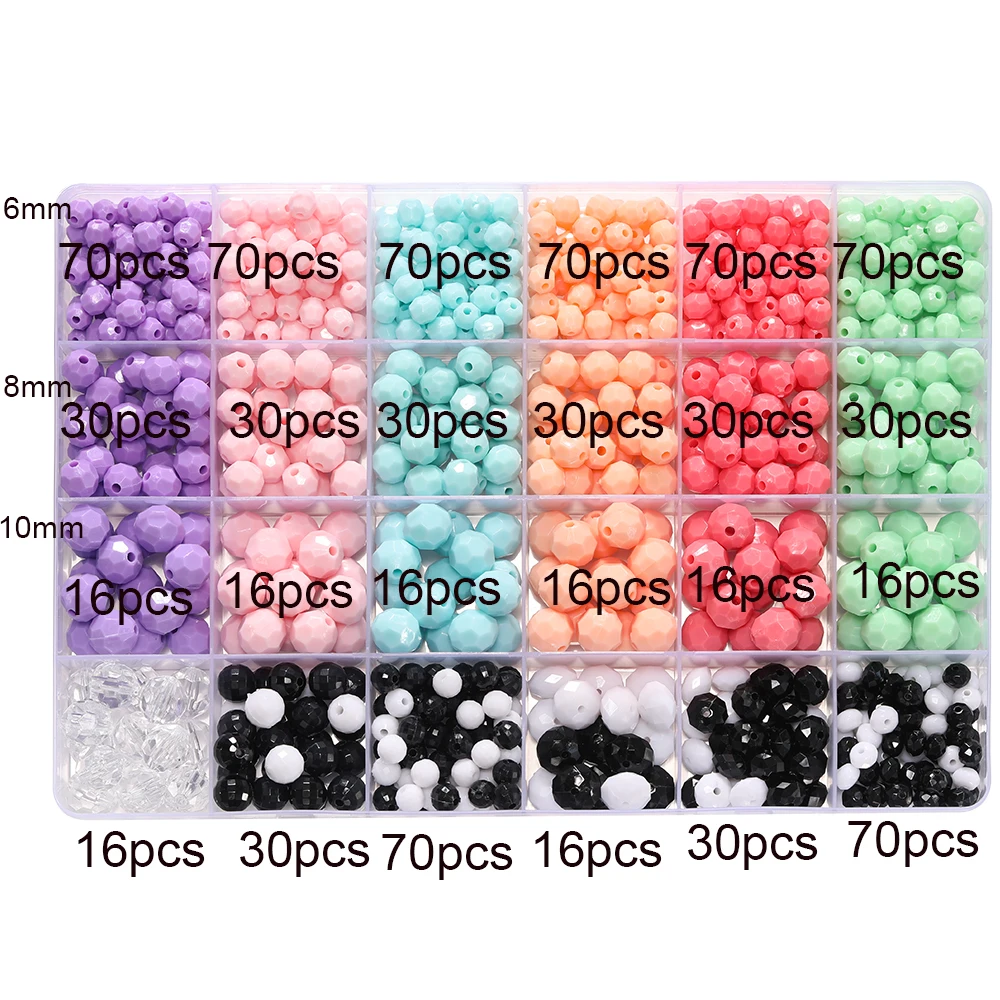 812pcs/Box 6/8/10mm Acrylic Round Faceted Beads Kits with 0.8mm Elastic Cord for DIY Bracelet Necklace Jewelry Making Supplies