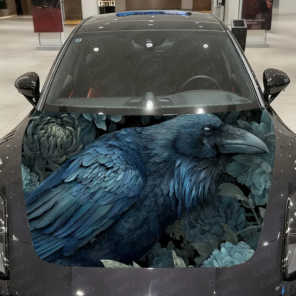 Car Decal Raven with Floral Background in Blue Hues Textural Artistic Fusion Design, Creating a Mysterious Car Hood Sticker, Wat