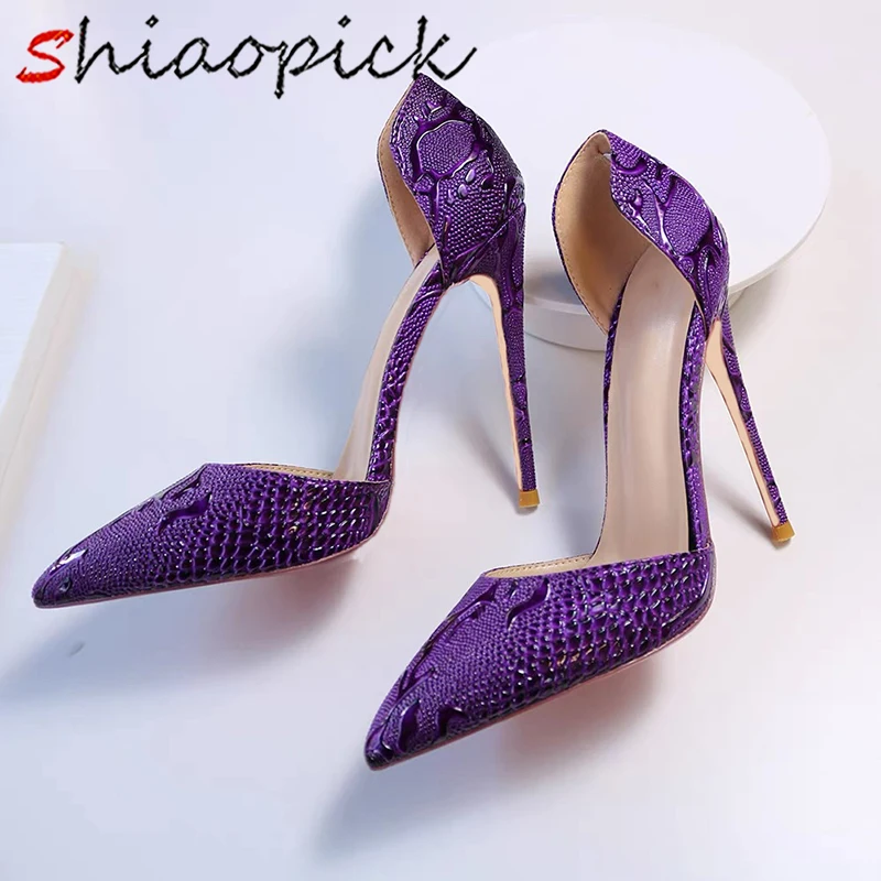 

Purple D'Orsay 12cm Super High Heels OL Ladies Pumps Dress Snake Pattern Pointed toe Two piece Commencement Ceremony Shoes