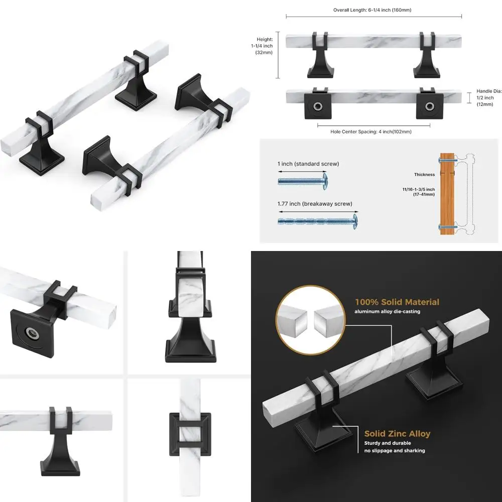 

White 4 Inch Marble Grain Kitchen Cabinet Pulls, 20 Pack Square Black Drawer Handles, Two-Tone Hardware for Dressers