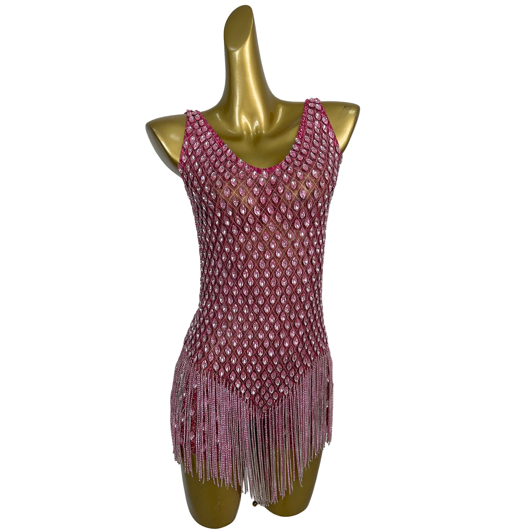 Women Pink Rhinestone Tassel Bodysuits Night Club Spaghetti Strap Fringe One Piece Jumpsuits Stage Outfit Gogo Dancer Costume