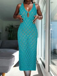 Swim Summer Beach Solid Colour Hollow-Out Knitted Halter Neck Sleeveless Cover-Up Dress with Tassel Tie