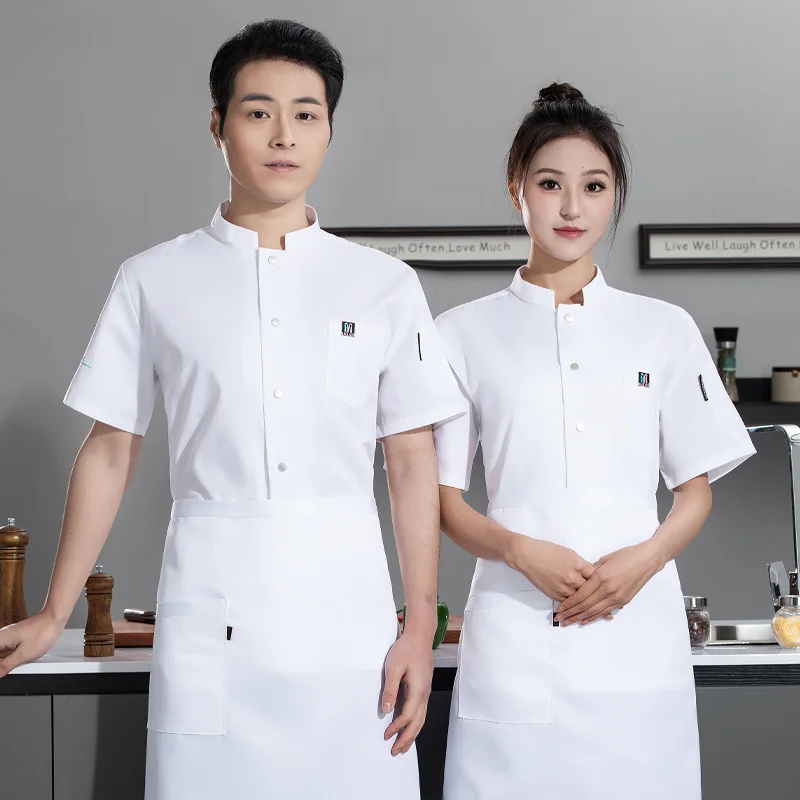

Single-breasted short-sleeved chef's uniform, summer lightweight, for restaurant, hotel, canteen, kitchen workwear, breathable,
