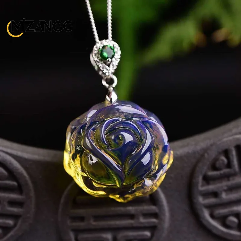 

Natural 925 Silver Inlaid Beeswax Rose Pendant Necklace Blue Amber Women's Collarbone Chain Sweater Chain Fashion Holiday Gift