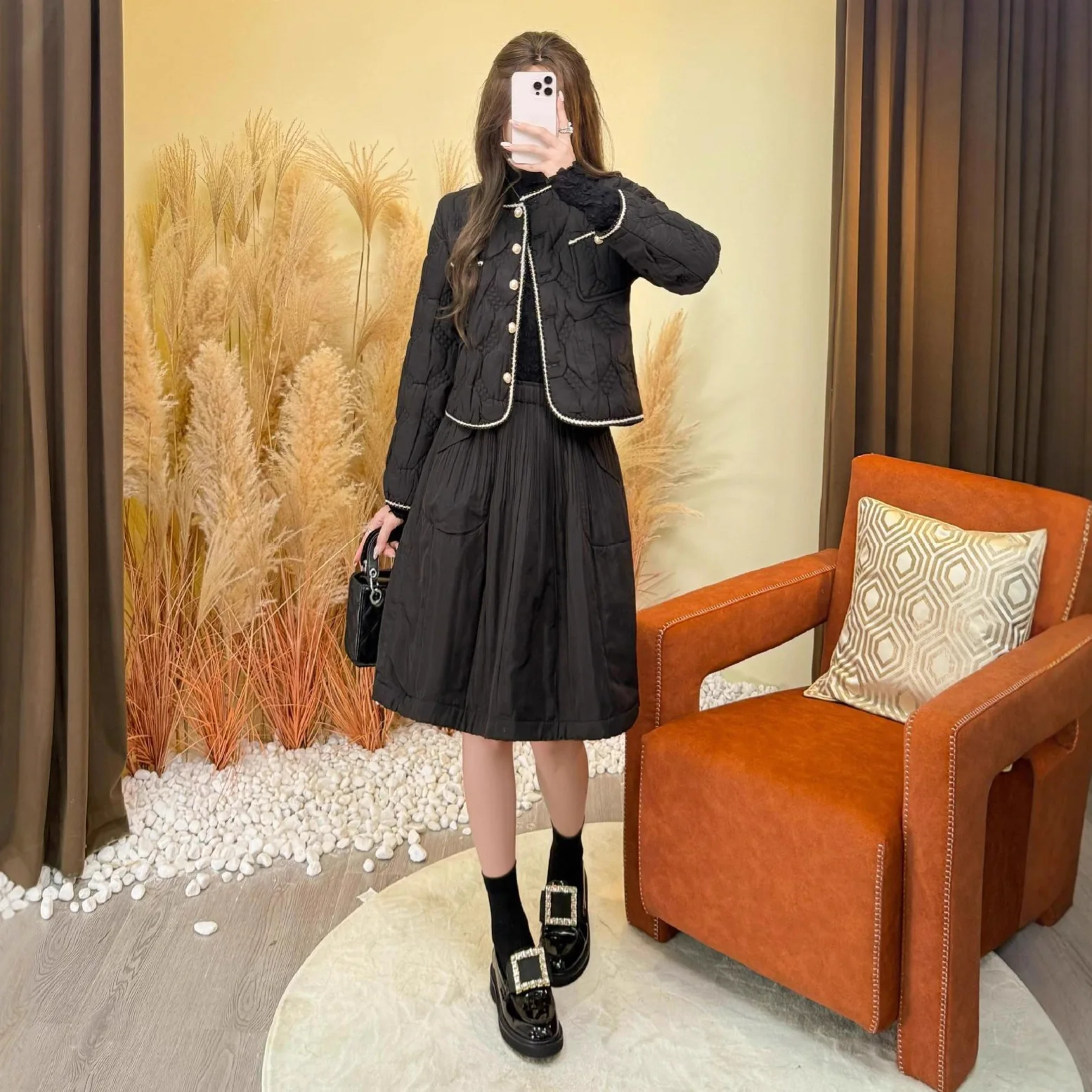 

Miyake 2025 Autumn and Winter Small Perfume Style Cotton Suit Suit Wear Warm Fashion Jacket Half Skirt Pleated Two-piece Thick