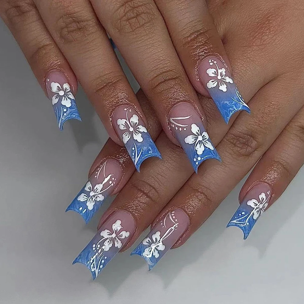 ARTAUG 24PCS Long Press On Nails Coffin Grey Glisten Blue Floral Fake Nails Powder Full Cover Fake Nail Set Cute Cheap Nails