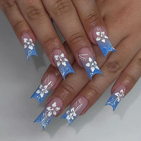 ARTAUG 24PCS Long Press On Nails Coffin Grey Glisten Blue Floral Fake Nails Powder Full Cover Fake Nail Set Cute Cheap Nails