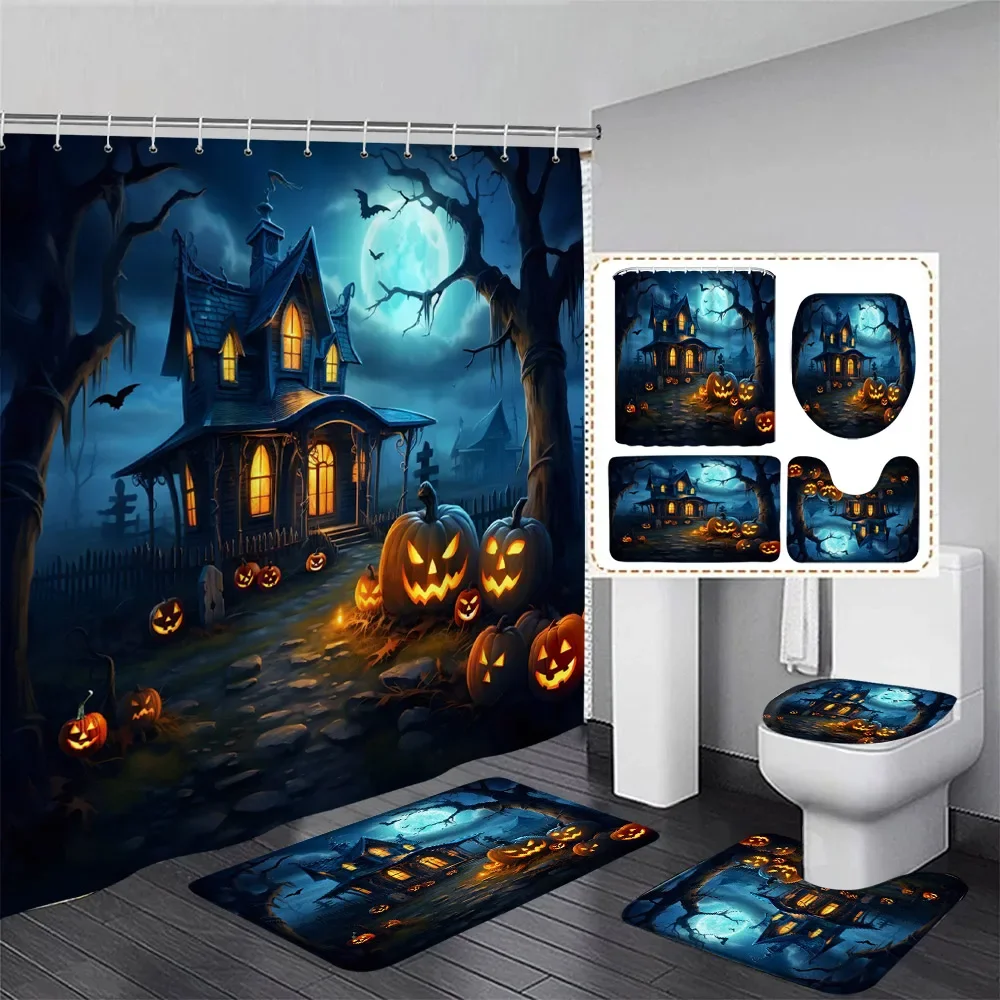 Halloween Shower Curtain Set Forest Pumpkin Dead Trees Tombstone Horror Night Bathroom Decor Floor Rug Bath Mat Toilet Lid Cover