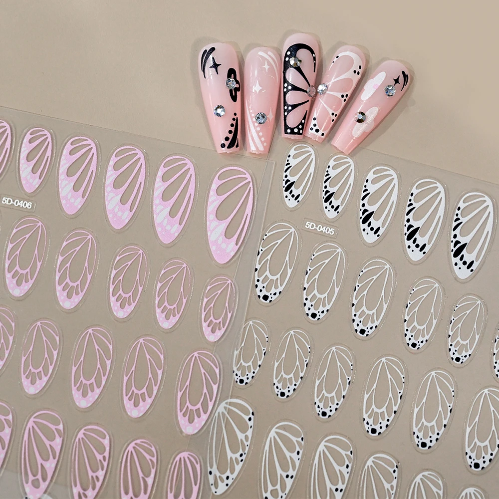 1Pcs Black White Butterfly Wings 5D Nail Sticker Y2K Angel Wings Self-Adhesive Decals Spring Butterfly Floral Manicure Sliders