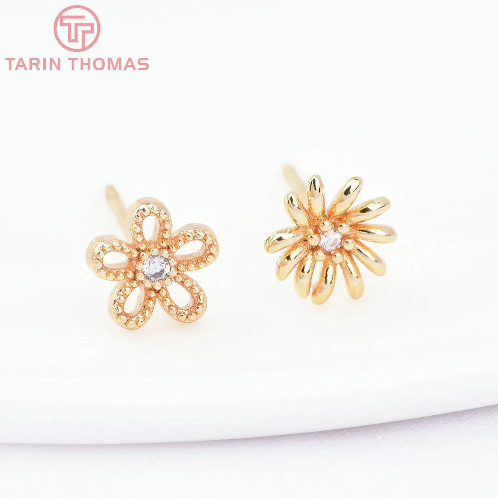 (4010) 6PCS 6MM 24K Gold Color Brass with Zircon Flower Stud Earrings High Quality Diy Jewelry Findings Accessories Wholesale