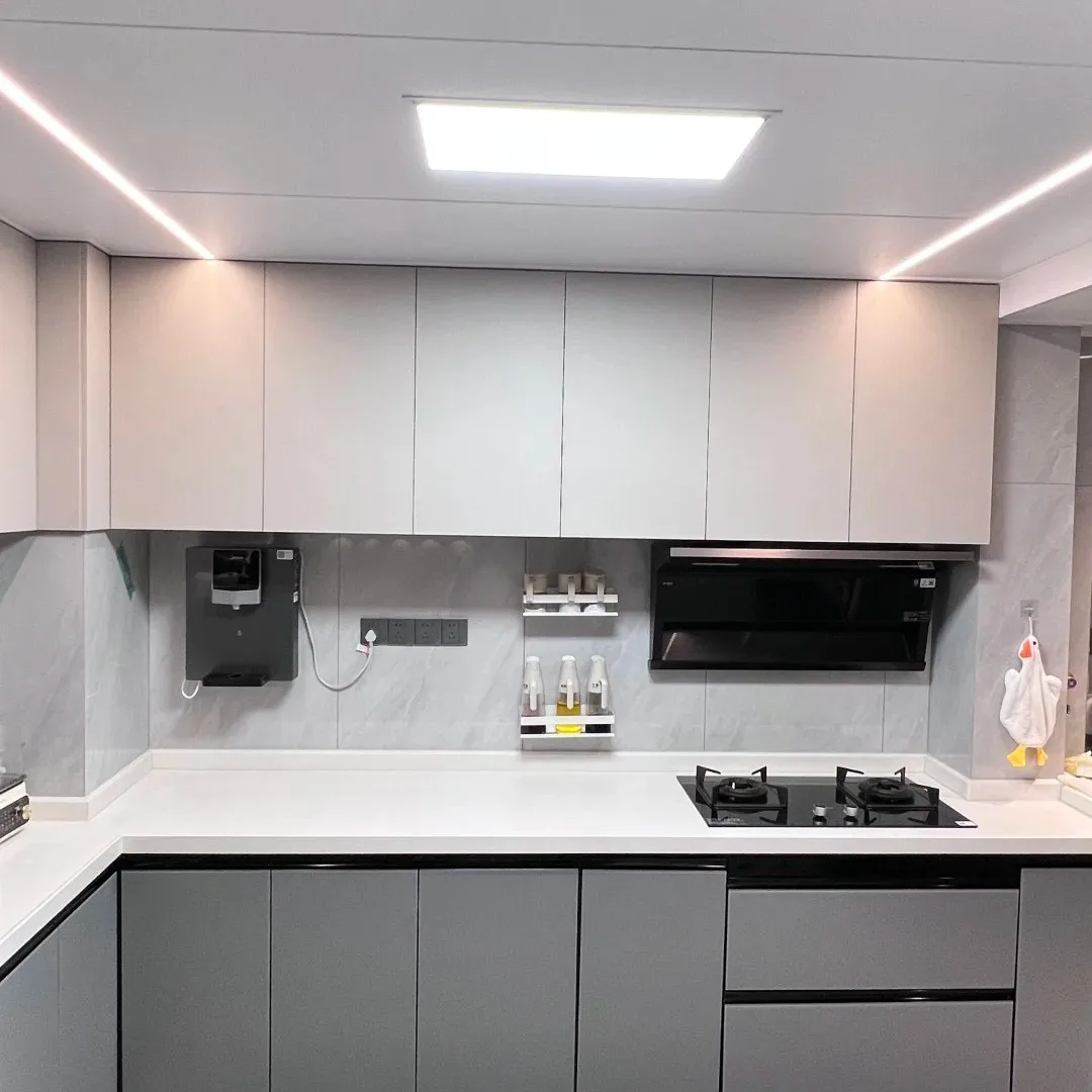 %YUBAI Modern Minimalist Gray-White Wood Custom Kitchen Cabinet System Water Resistant Easy Clean