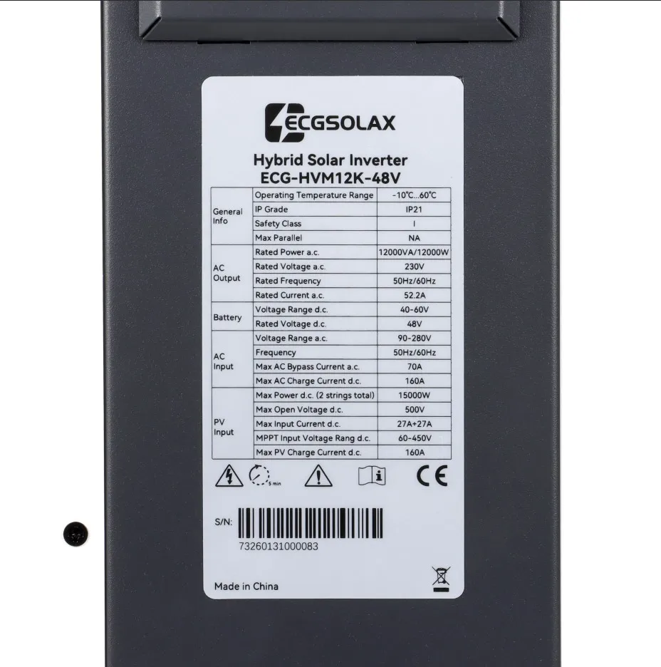 ECGSOLAX 12KW 6.5KW hybrydowy falownik solarny 48V MPPT 160A czysta fala sinusoidalna falownik fotowoltaiczny maks. 500V 48V 230Vac