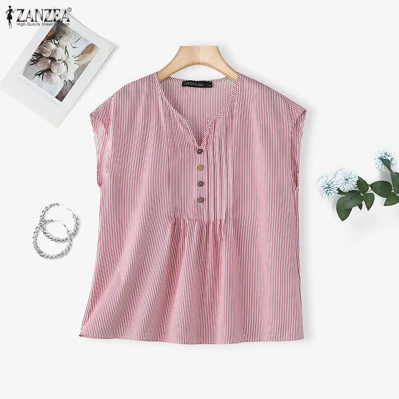 

Fashion ZANZEA Summer Sleeveless Women Blouses Striped Tops V Neck OL Work Party Tee Streetwear Loose Blusas Oversize