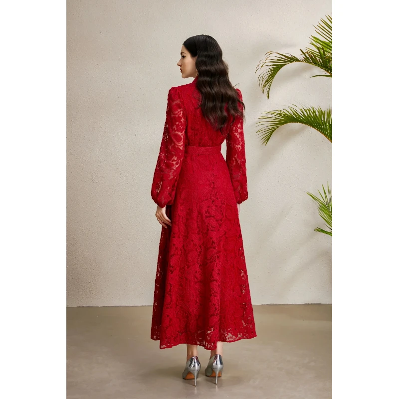 Spring Autumn High End Elegant Birthday Party Women's Dress New French Hook Flower Single Breasted Slim Lace Long Dress S89