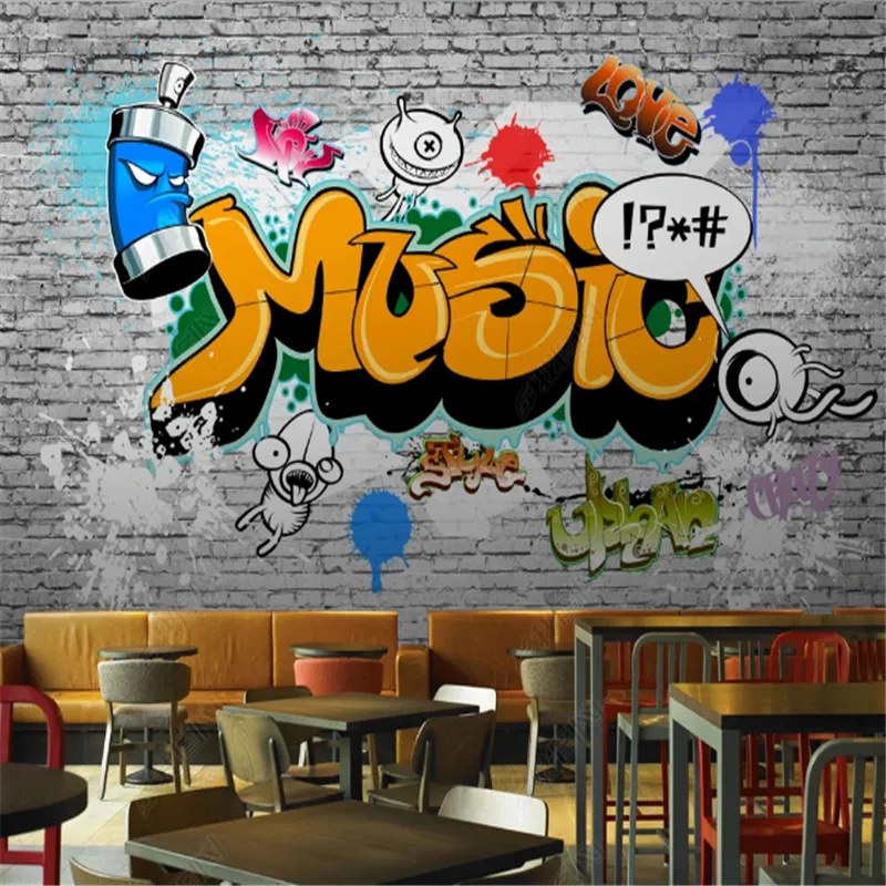 

European and American Retro Graffiti Bar Industrial Decoration Wallpaper Restaurant Background Wall Paper Mural Papel De Parede