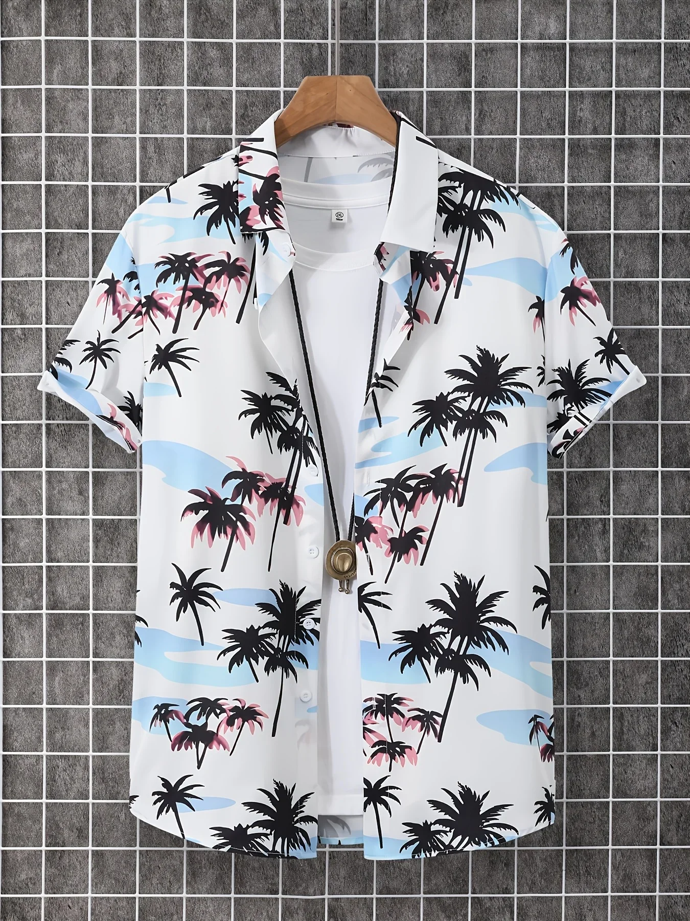 Men Gradient Palm Seagull Hawaiian Shirt Short Sleeve Button‑Up Beach Vacation Unisex Top