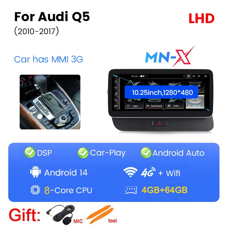 Navifly 4G Lte Android Auto Radio Voor Audi Q5 2010 - 2017 Android 14 Carplay Auto Hd Media Player 128Gb Dsp All-In-One Navigatie