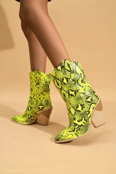 Green Faux Leather Cowboy Ankle Boots for Women Wedge High Heel Boots Chunky Snake Print Western Cowgirl Boots 2024