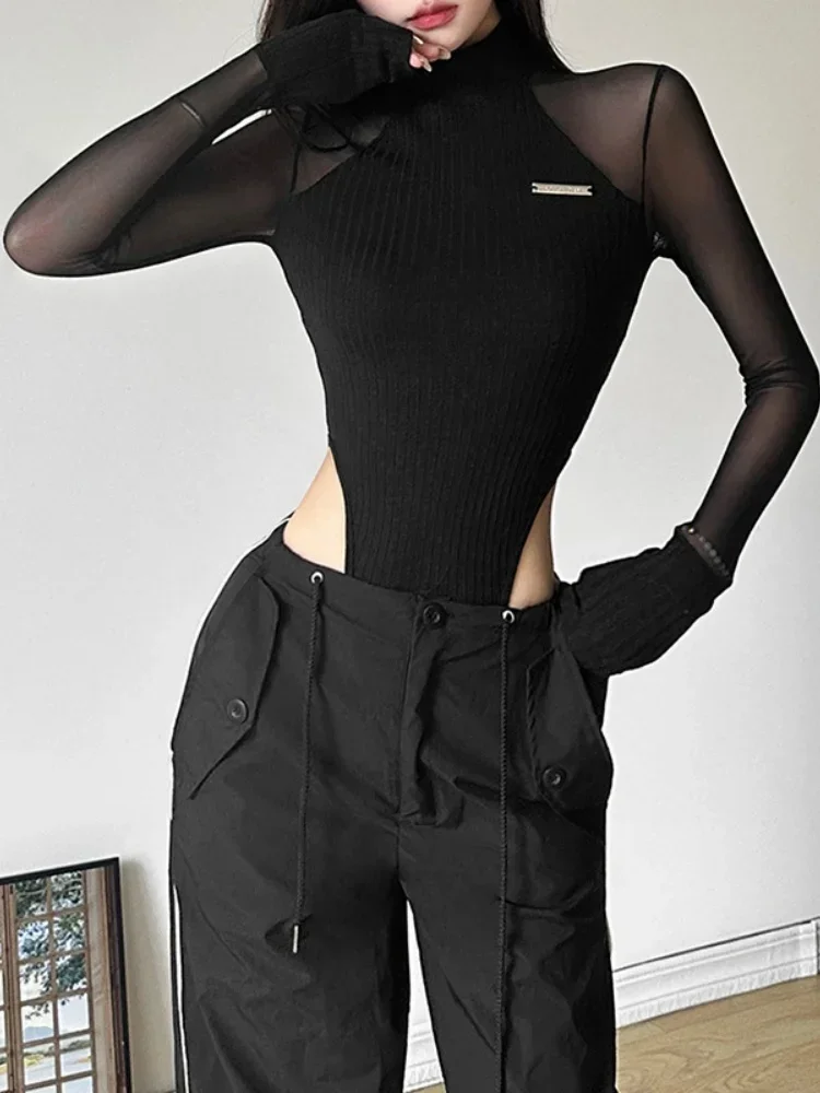 

Fashion Solid Color Slim Fit Lingerie Sexy One-Piece Long Sleeve O-Neck Bodysuit Slightly See-Through Mesh Splicing Streetwear