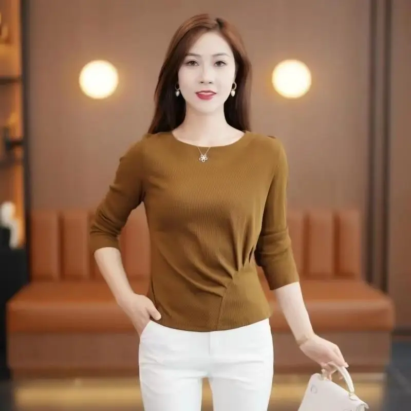 Fashion O-Neck Solid Color Spliced Folds T-Shirt Women\'s Clothing 2023 Autumn Winter Loose Casual Tops Commuter Tee Shirt