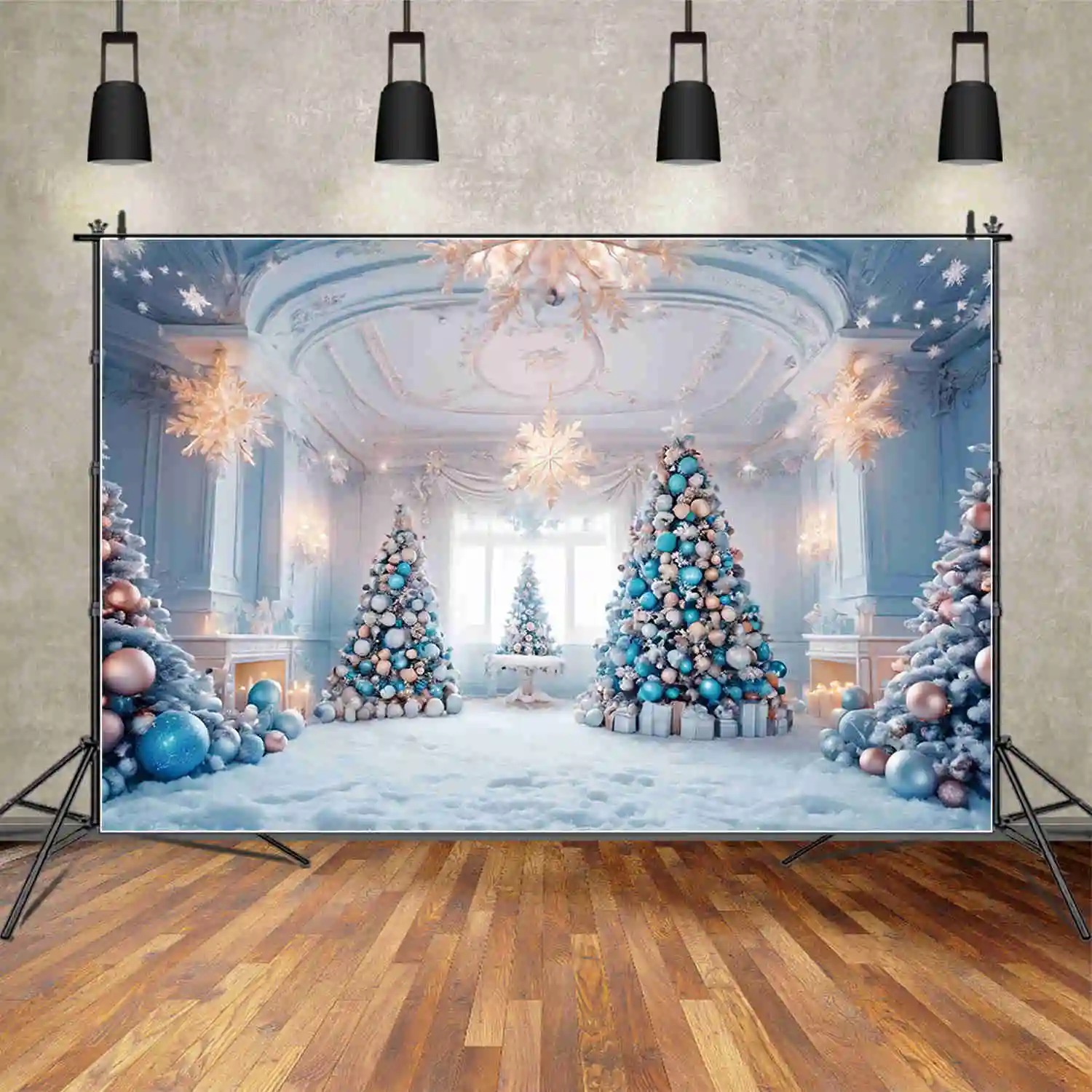MOON.QG Lighting Christmas Trees Backdrops White Blue Girls Home Room Snowflake Ball Background Party Decoration Photozone Props