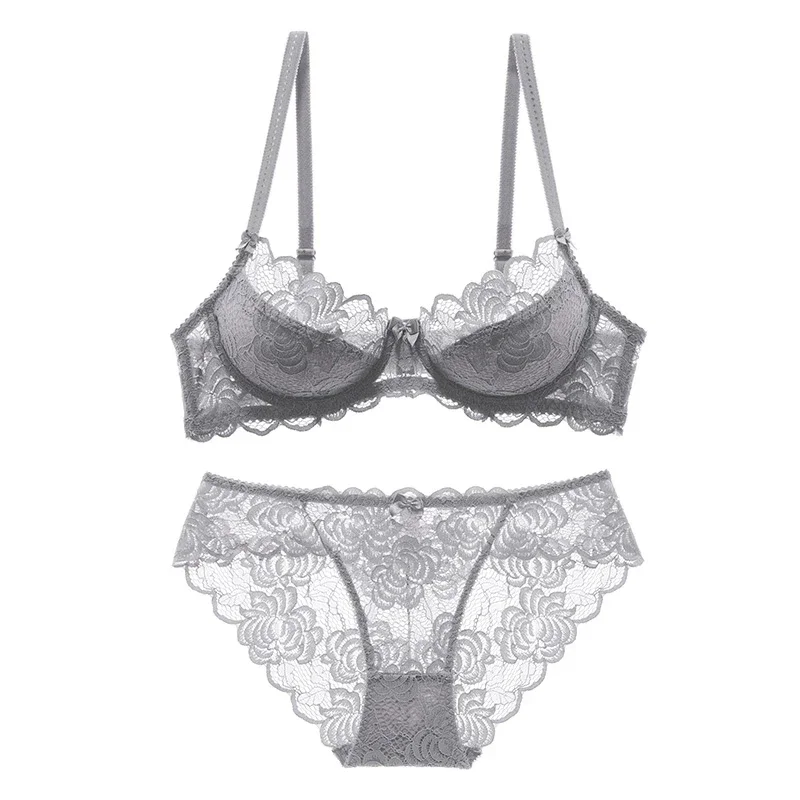 

KUCLUT cup 5 colors women sexy bra sets lace ultrathin cup brassiere and transparent panties push up lingerie suits