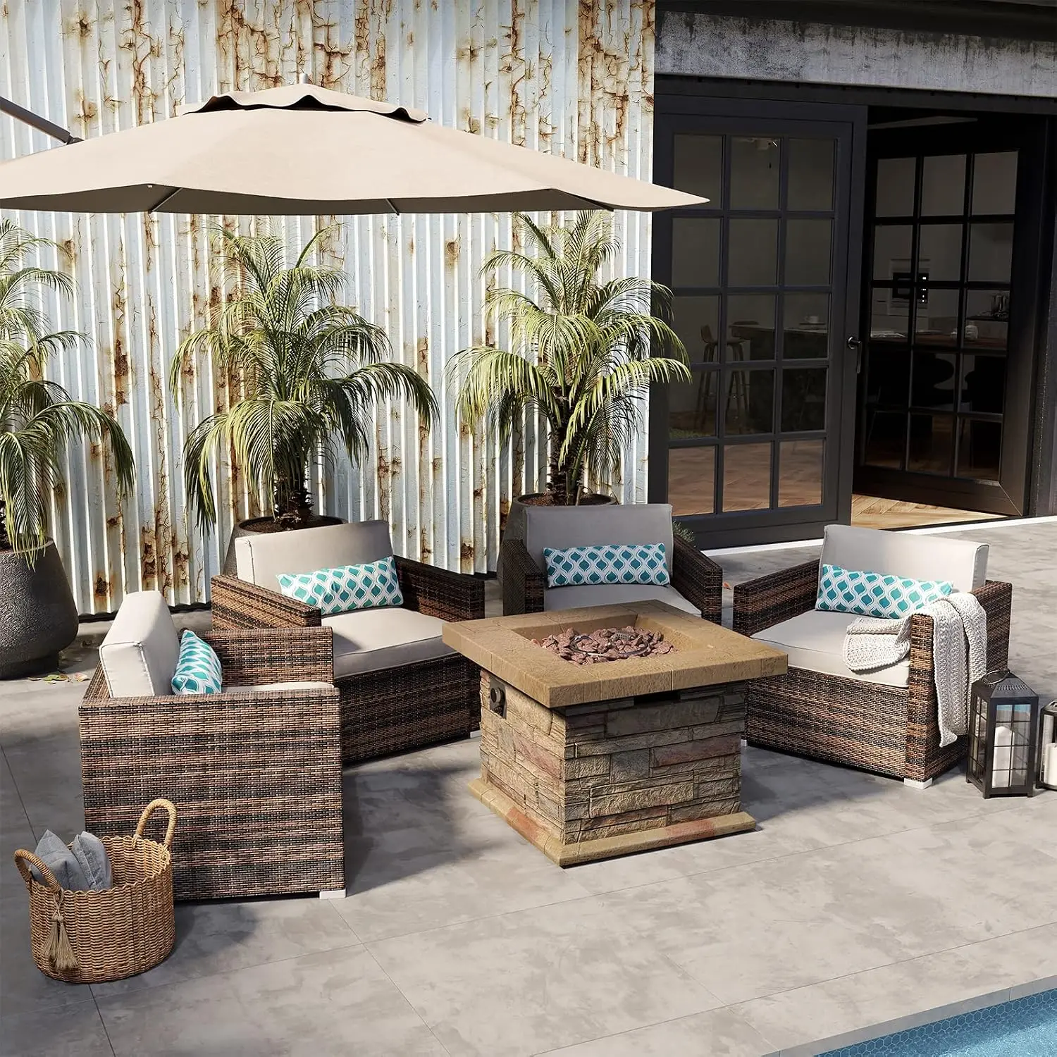 Outdoor 5-Piece Conversation Set w Stone Propane Fire Table, Patio Furniture Set w 35 Inch Square Fire Pit Tables,, Customized