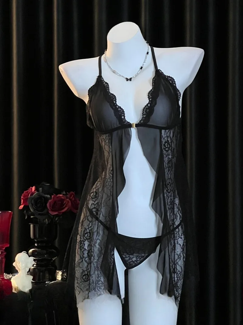 

Mature Style Backless Slit Halter Pajamas,Mesh Lace Date Lingerie for Women,Seductive Lazy Vibe,Pure Sensual Sleepwear,Sexy