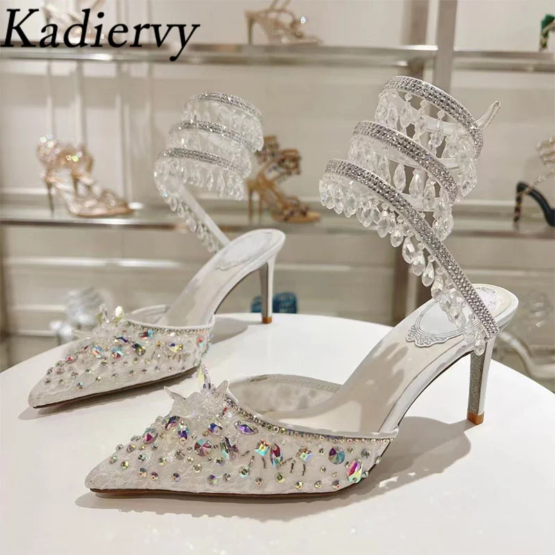 Summer High Heels Shoes Women Crystal Pendant Snake Twine Around Ankle Strap Party Shoes Pointed Toe Mesh Pumps Sandals Woman