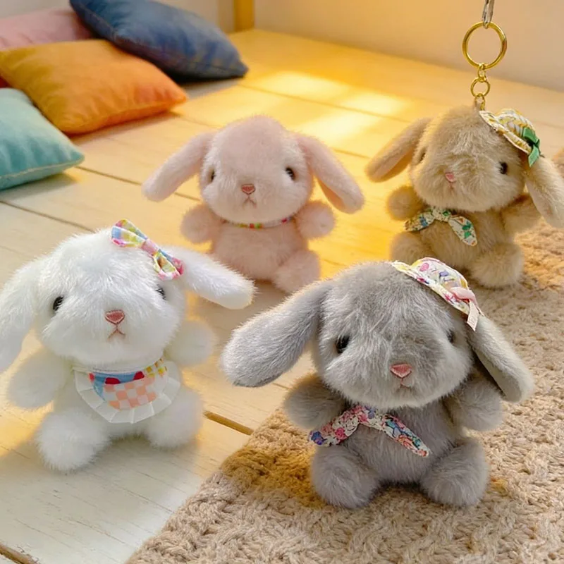 Cute Bunny Plush Keychain Soft Fluffy Rabbit Doll with Floral Bow Hat Multiple Styles Kawaii Stuffed Animal Pendant for Backpack