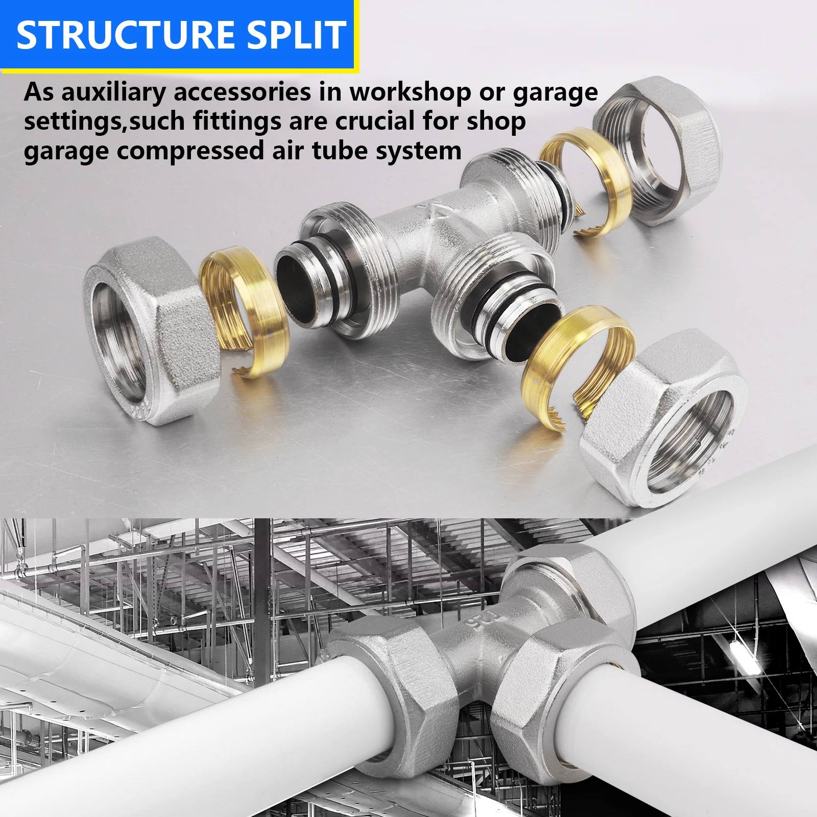 

1pc 3/4" Tee Air Line Fittings,Air Piping Fitting For Shop Garage Compressed Air line Tube System Kit Brass-Nickel Plated,200psi