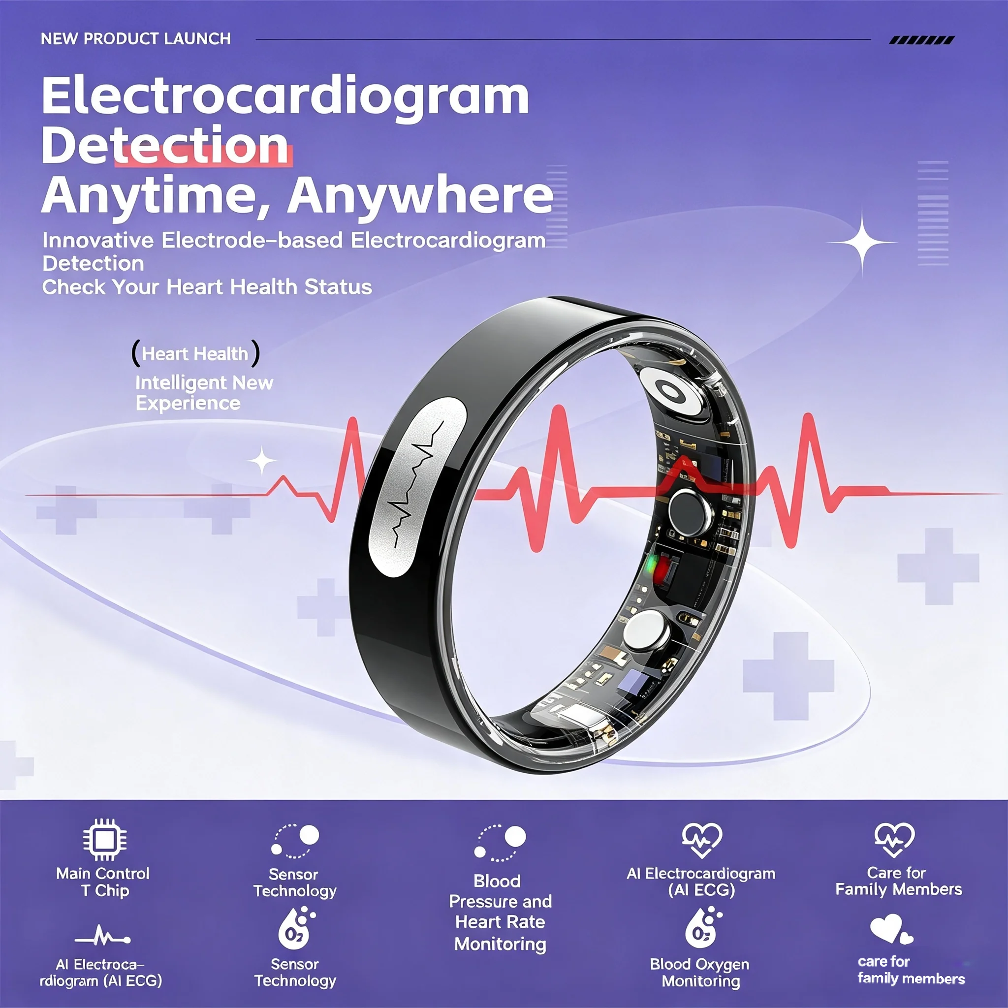 AI ECG Detection Smart Ring 2026 Blood Pressure Heart Rate Body Temperature Monitoring 5ATM Waterproof Multiple Sport Smartring