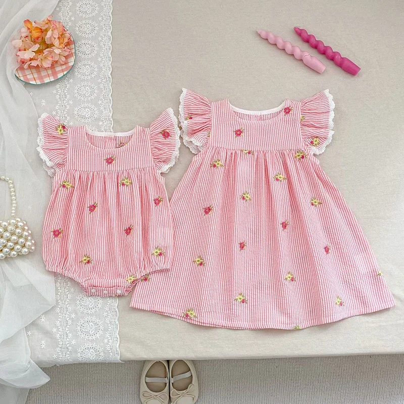 2026 New Summer Kids Princess Dresses 2-6Yrs Baby Girl Party Dress Flying Sleeve Cotton Embroidery Baby Romper Sister Clothing