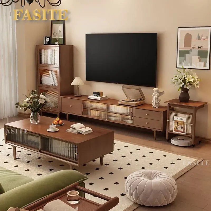 For Pure Solid Wood TV Cabinet Floor to Ceiling Antique Walnut Sideboard Coffee Table Combo Living Room Storage Furniture