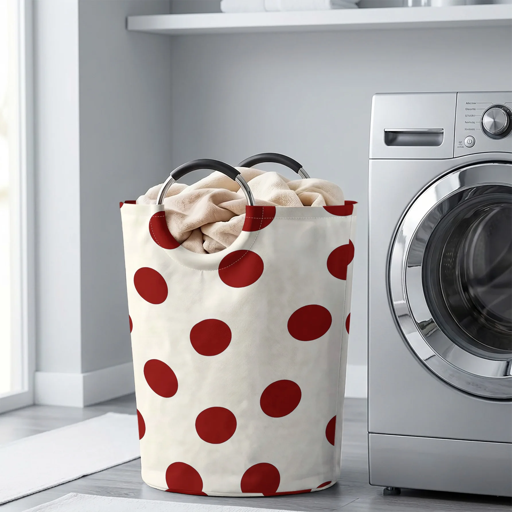 Cream Background Red Big Polka Dots All Over Print Handheld Storage Basket, For Laundry, Bedroom & Home Sundries Storage