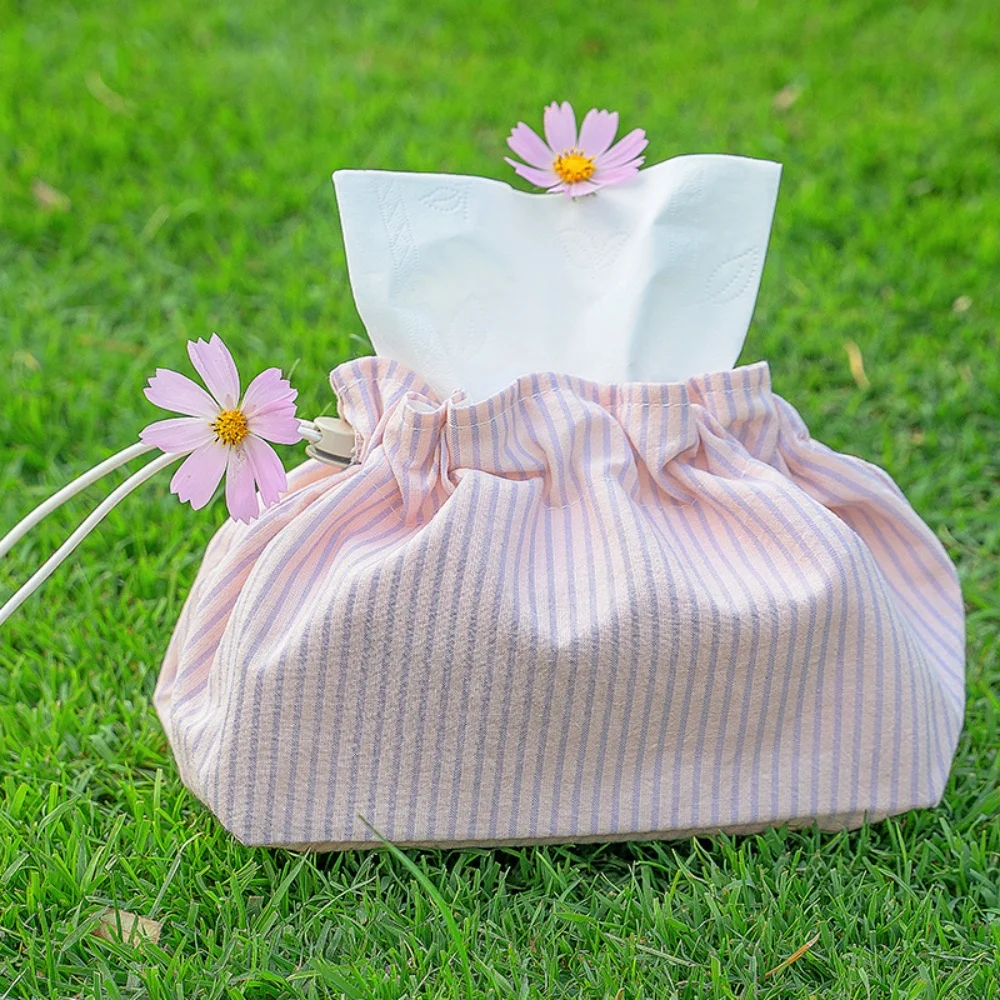 

Minimalist Pastel Pink and Purple Striped Drawstring Tissue Storage Pouch Home and Car Tissue Box